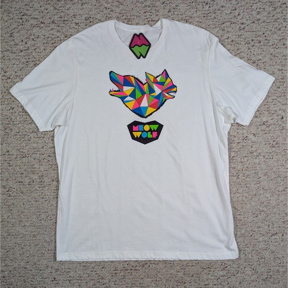 Meow Wolf T-Shirt Mens 2XL White Colorful Geometric Art Wilderness Tee NWT